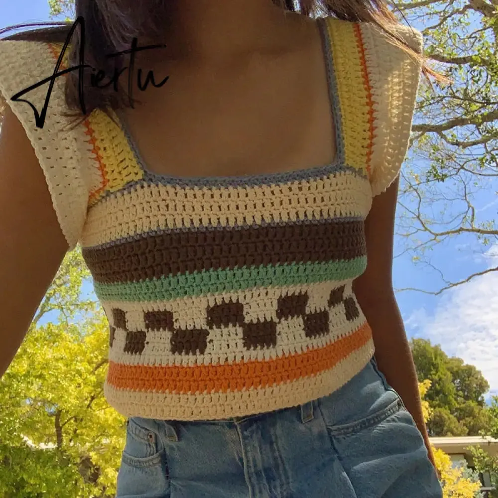 Vintage Patchwork Knitted Sweater Vest Y2K Aesthetic Ruffles Tank Top 90s 00s Retro Square Collar Crop Top Women Kawaii Clothes