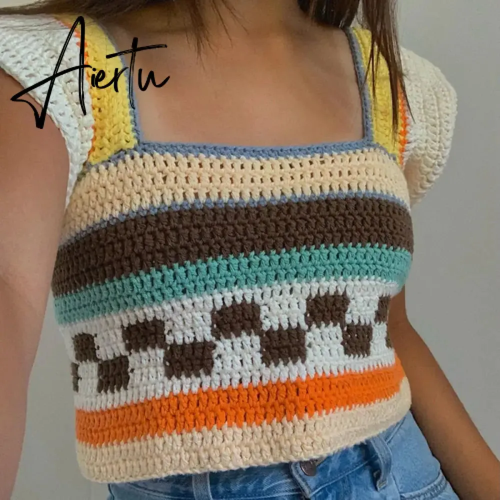 Vintage Patchwork Knitted Sweater Vest Y2K Aesthetic Ruffles Tank Top 90s 00s Retro Square Collar Crop Top Women Kawaii Clothes