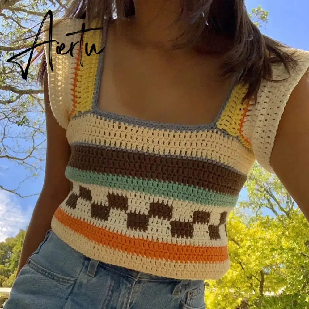 Vintage Patchwork Knitted Sweater Vest Y2K Aesthetic Ruffles Tank Top 90s 00s Retro Square Collar Crop Top Women Kawaii Clothes