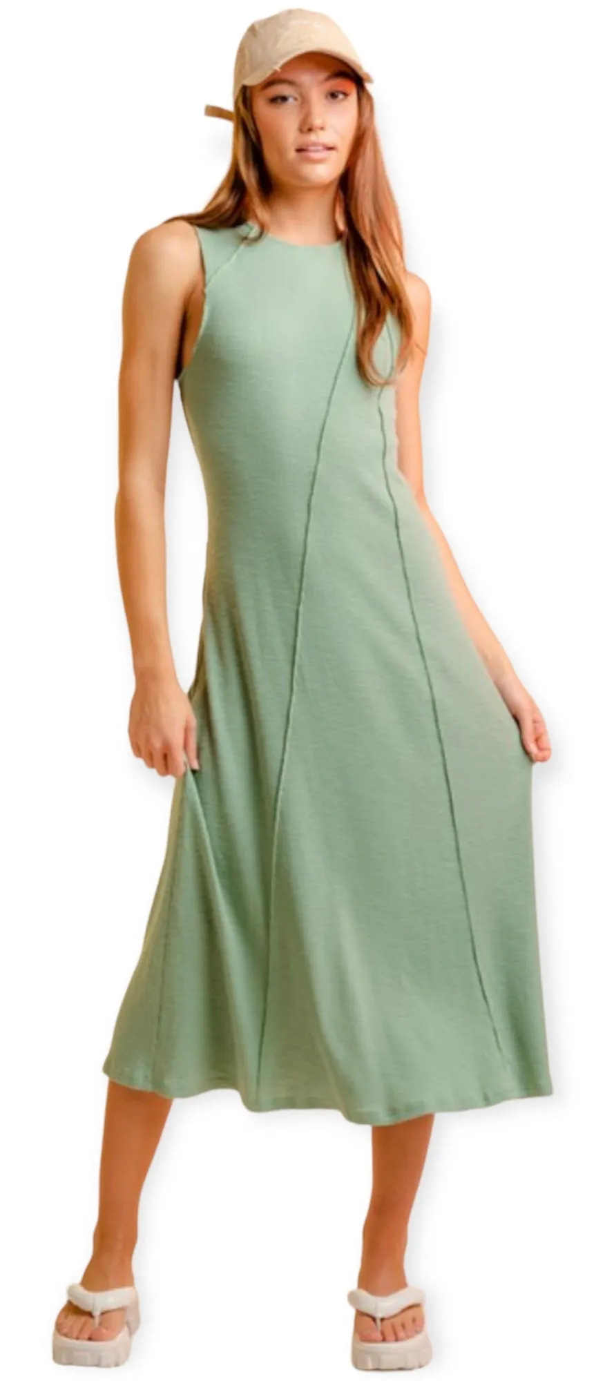 Willow Sage  Sleeveless Rib Knit Midi Dress