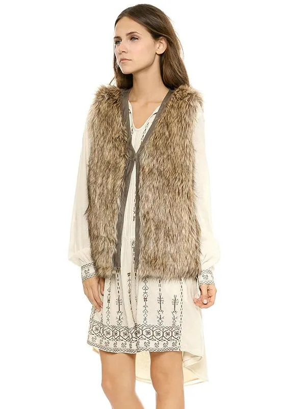 WOMEN BROWN FAUX FUR VESTS V-NECK SLEEVELESS