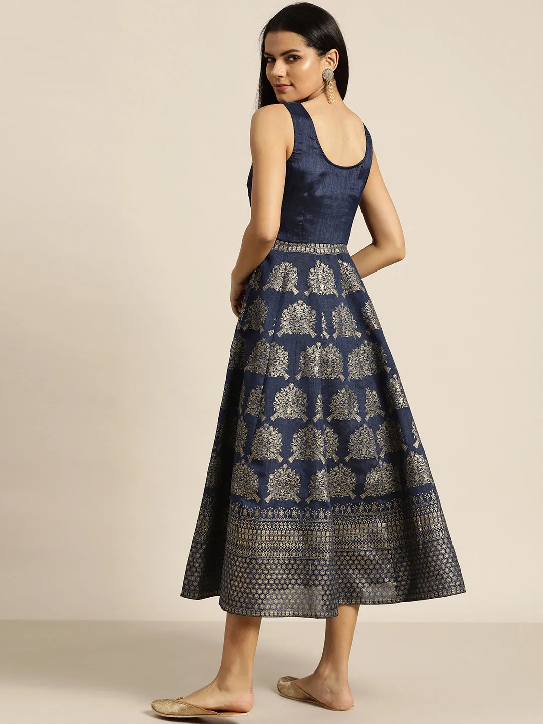 Women Navy Foil Print Sleeveless Anarkali Maxi Dress