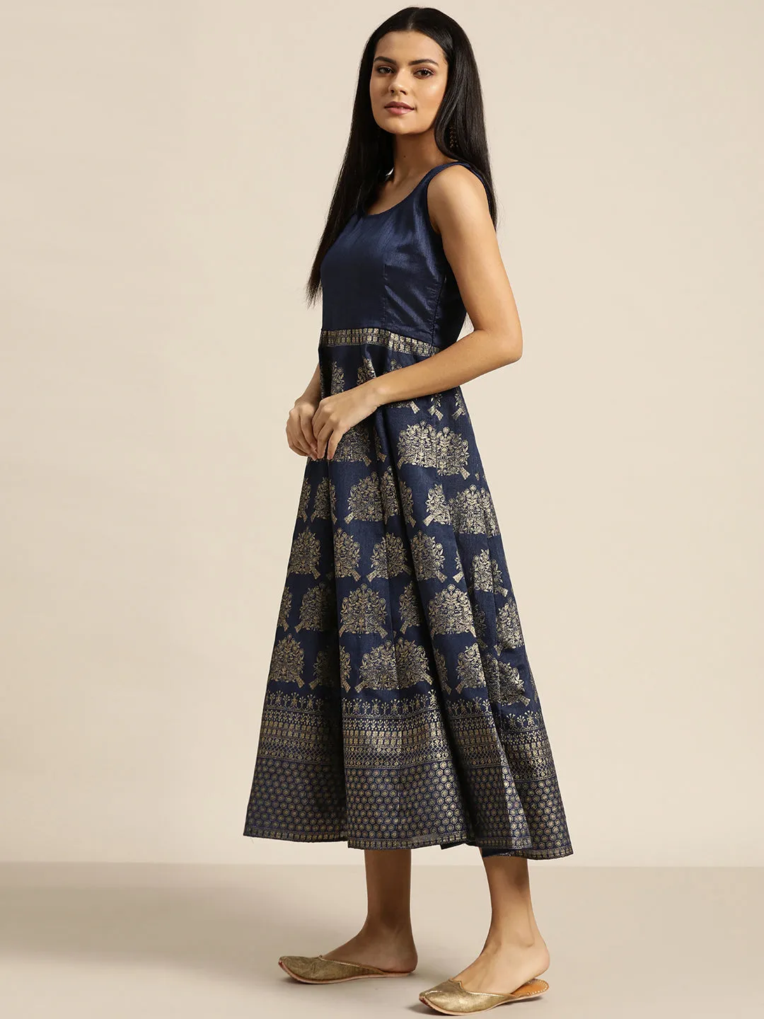 Women Navy Foil Print Sleeveless Anarkali Maxi Dress