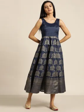 Women Navy Foil Print Sleeveless Anarkali Maxi Dress