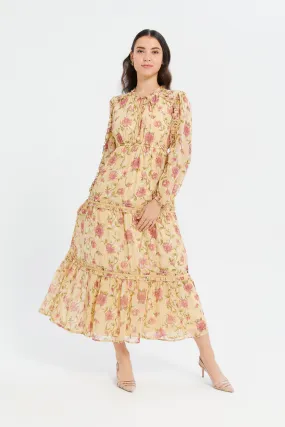 Women Yellow Printed Jacquard Dress