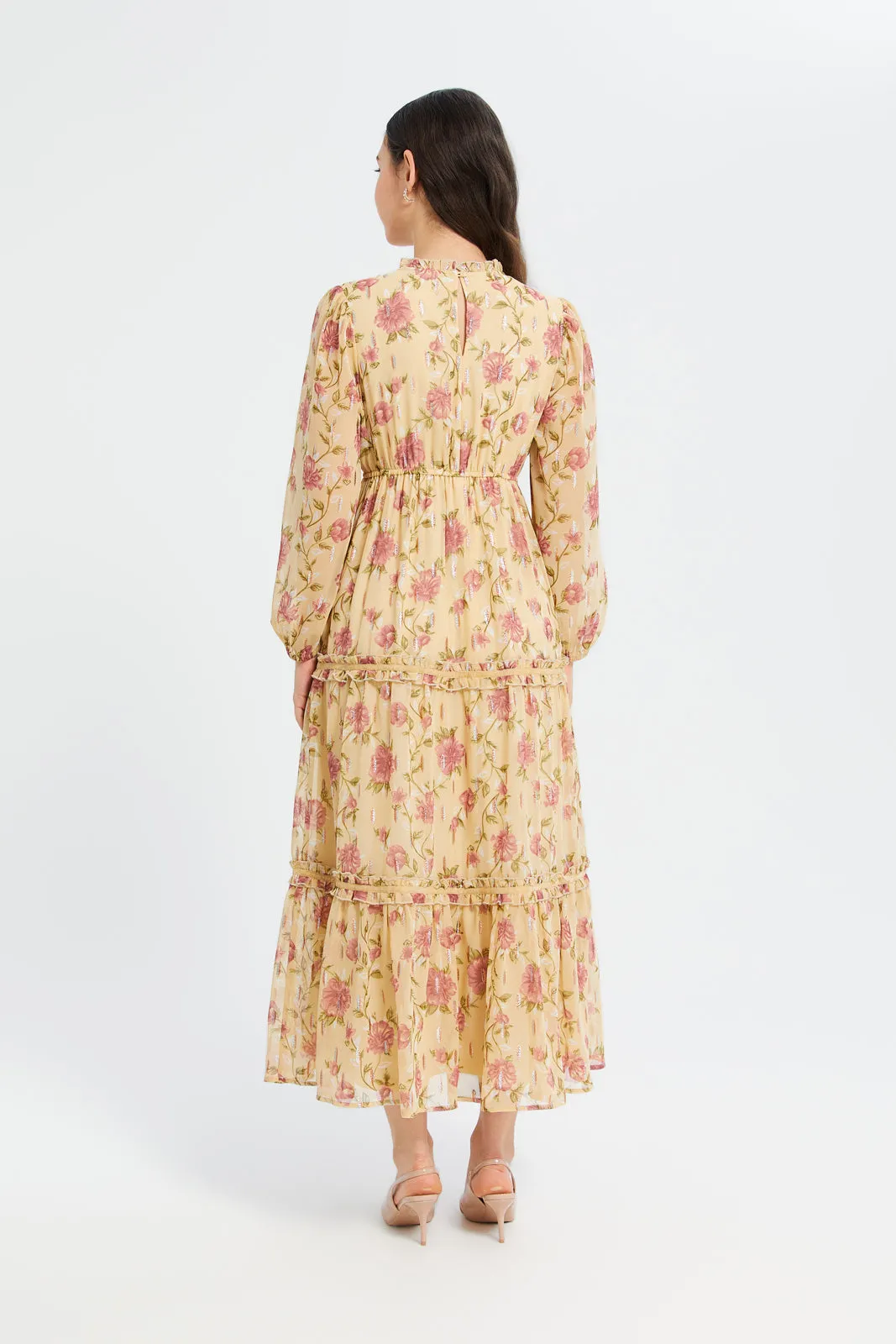 Women Yellow Printed Jacquard Dress