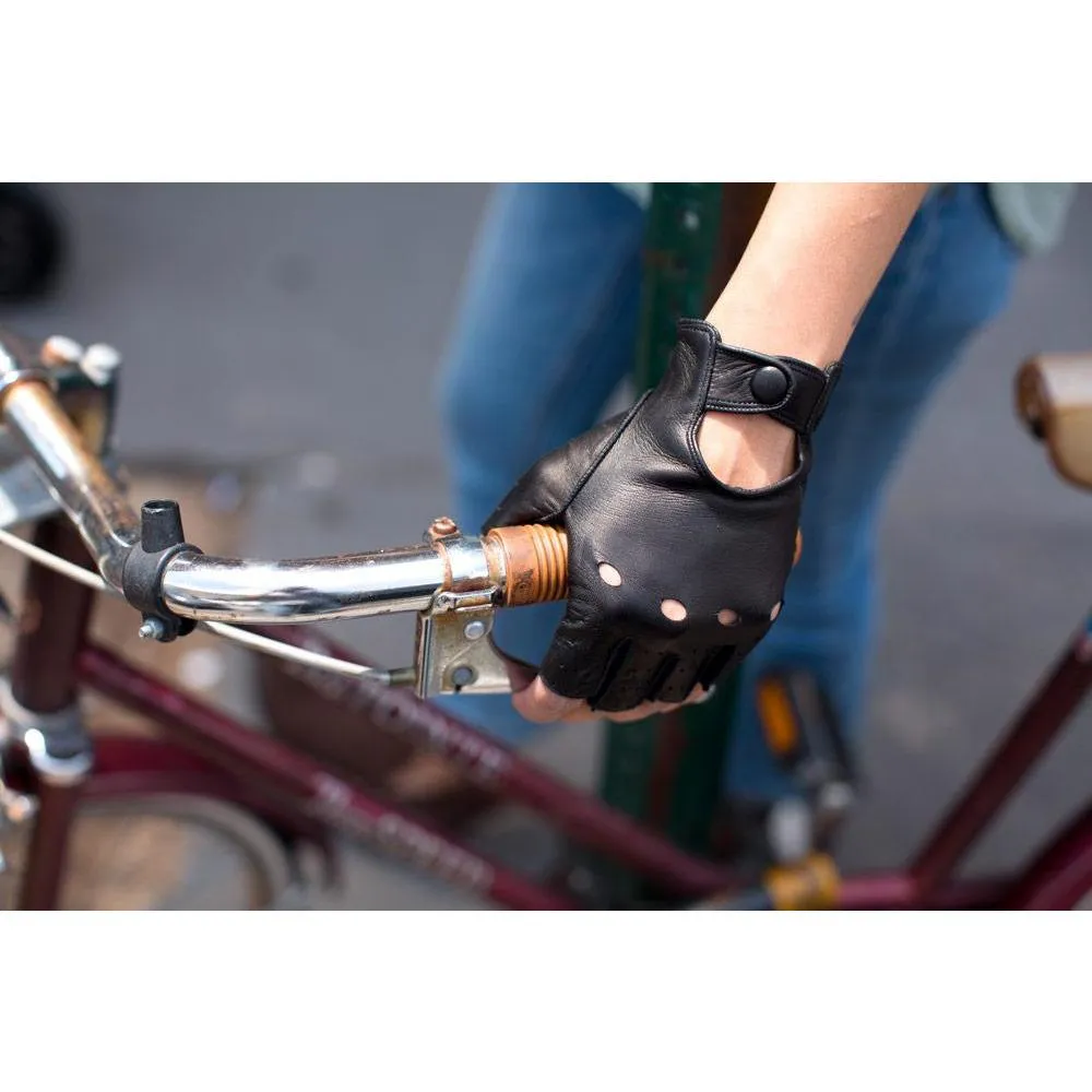 Women's Black Leather Napoli Fingerless Driving Gloves