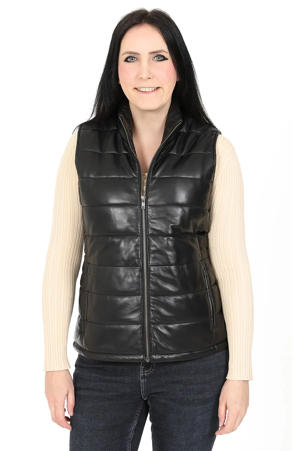 Women's Black Quilted Leather Gilet - SAMANTHA