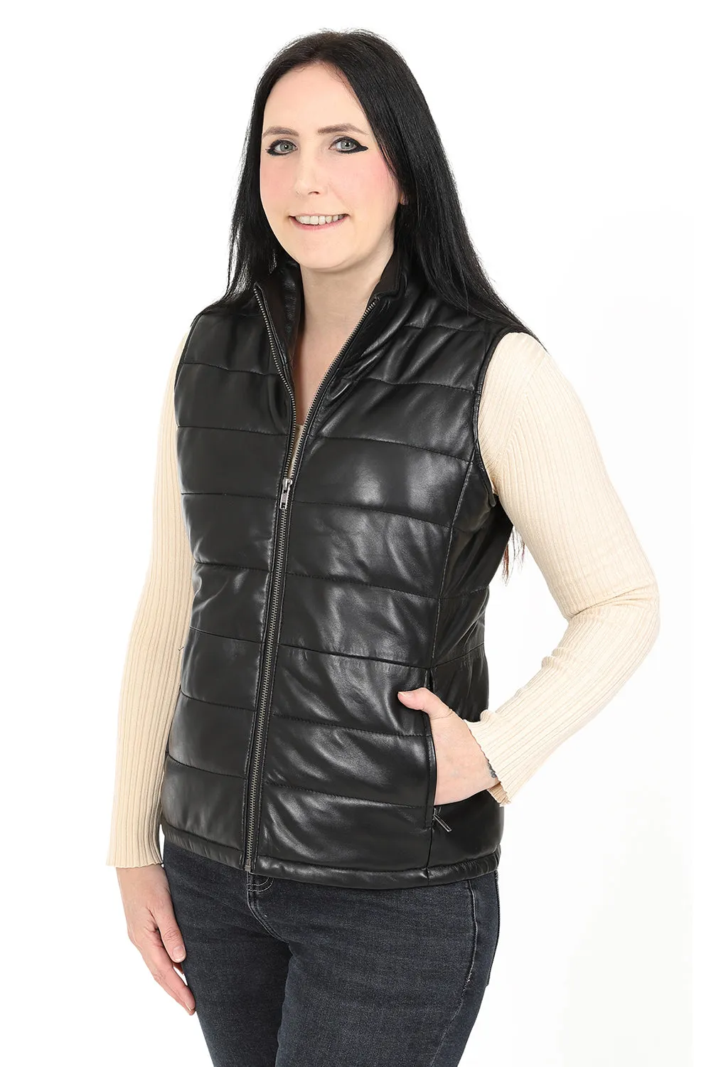 Women's Black Quilted Leather Gilet - SAMANTHA