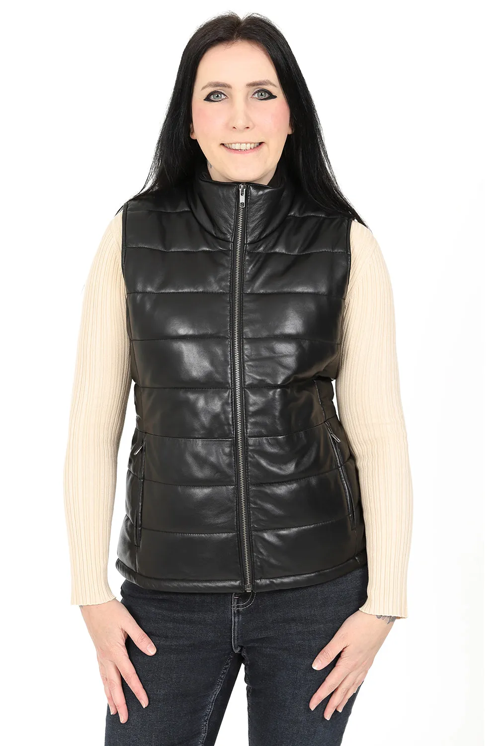 Women's Black Quilted Leather Gilet - SAMANTHA