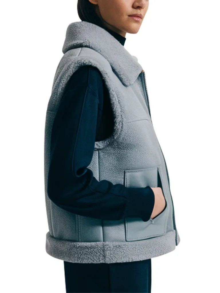 Women's Light Grey Shearling-Lined Cozy Leather Vest