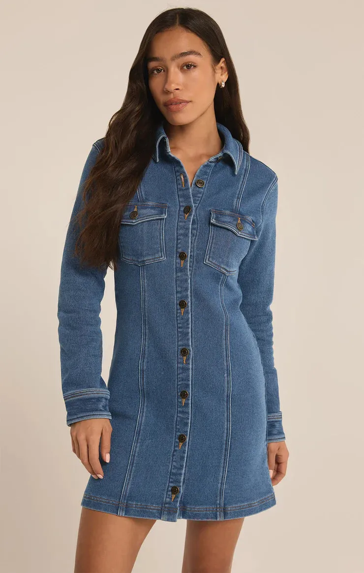 Z SUPPLY - CANDICE PERFECT KNIT DENIM MINI DRESS VINTAGE INDIGO